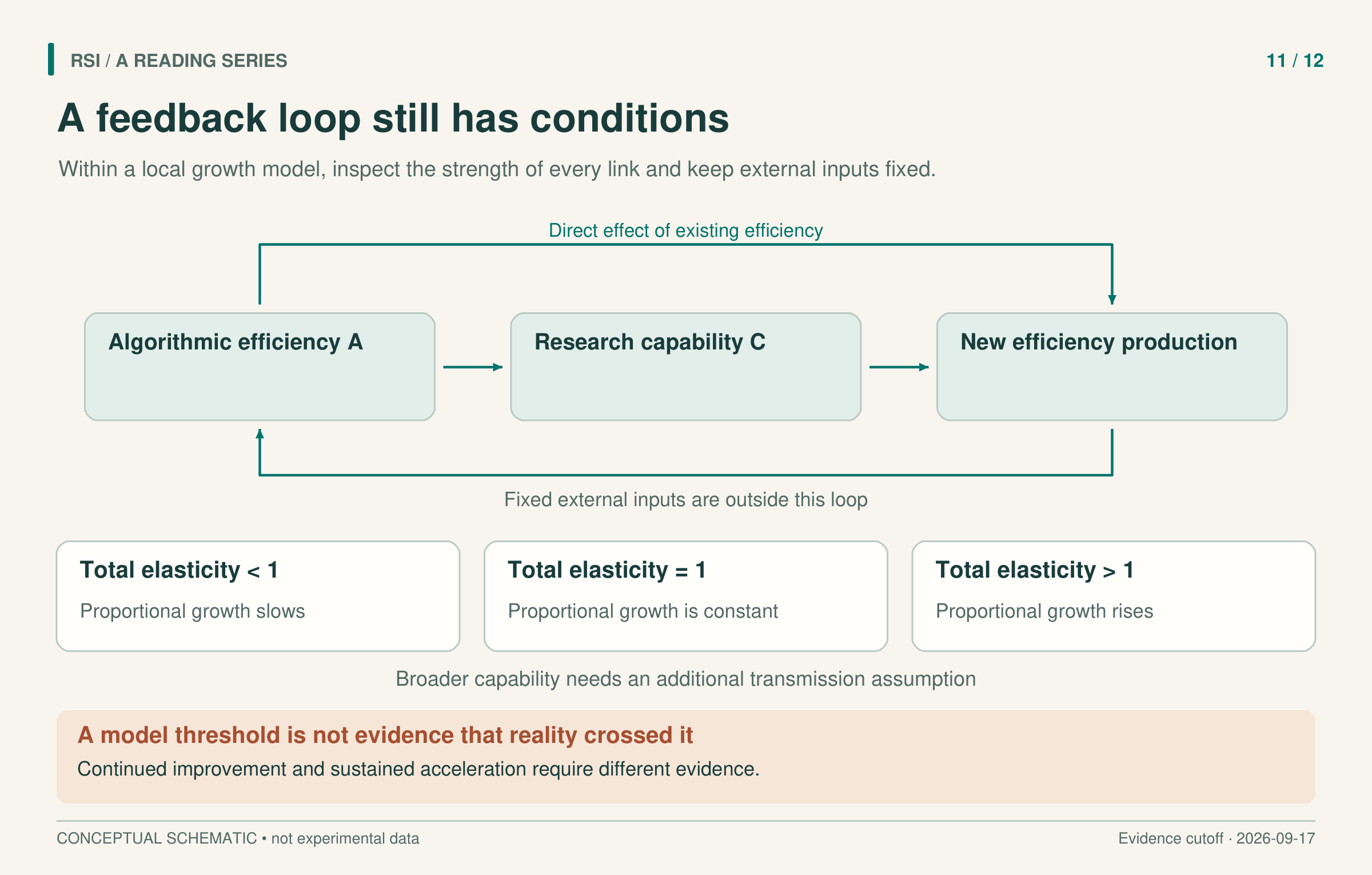 A conceptual feedback loop with direct and capability-mediated paths, fixed external inputs, and three local elasticity cases.