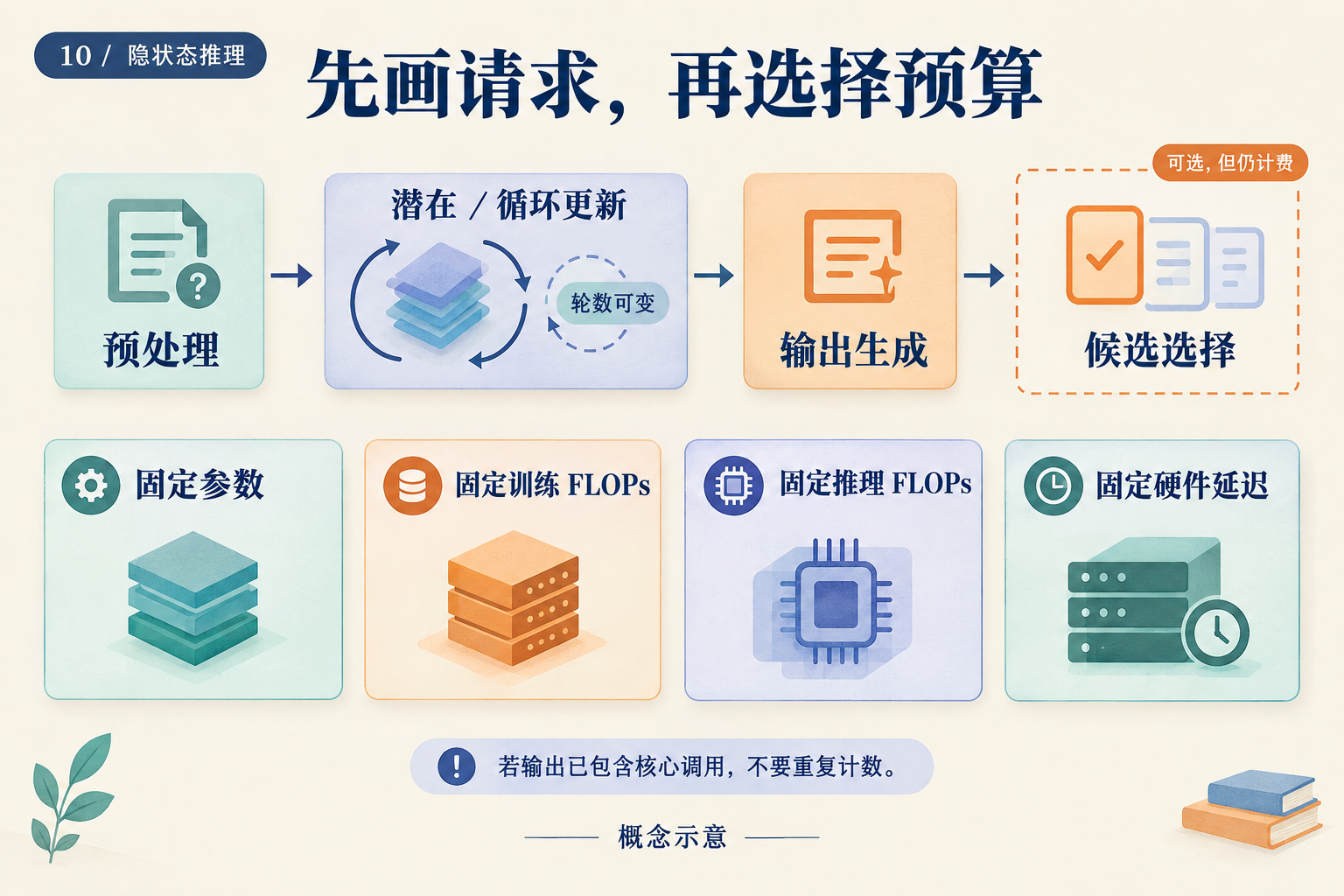 一条请求拆成预处理、内部更新、输出与可选选择器,下方给出四种不同预算约束。